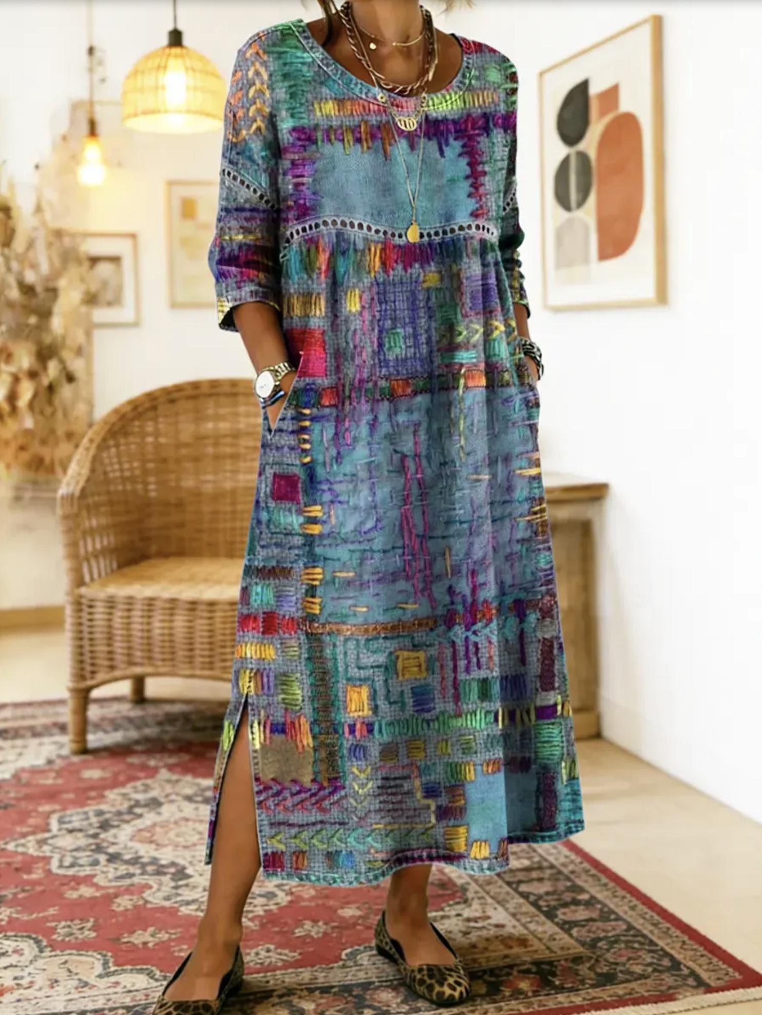 Sabine | Rochie din denim cu patchwork boem