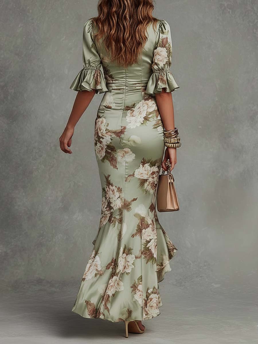 Anastasia | Rochie lungă din satin cu imprimeu floral
