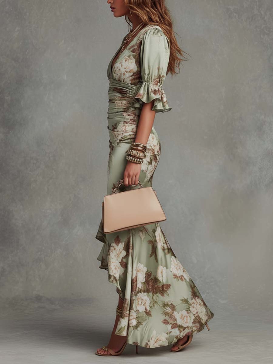 Anastasia | Rochie lungă din satin cu imprimeu floral