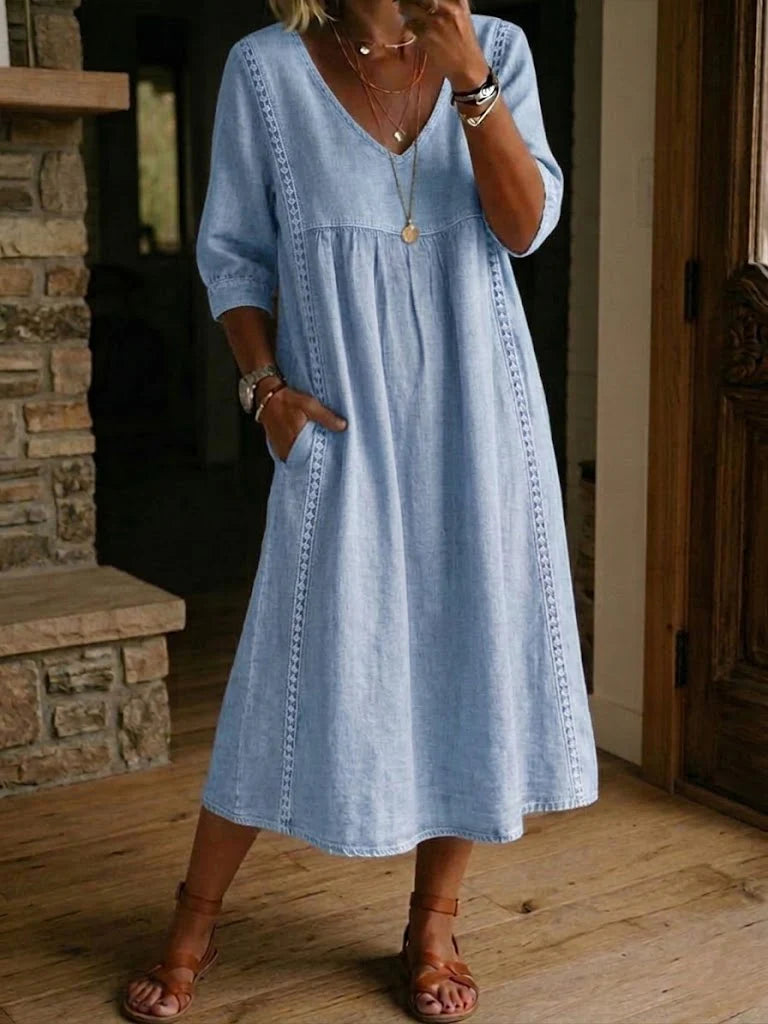 Sierra | Rochie din in și bumbac cu detalii din dantelă și patchwork