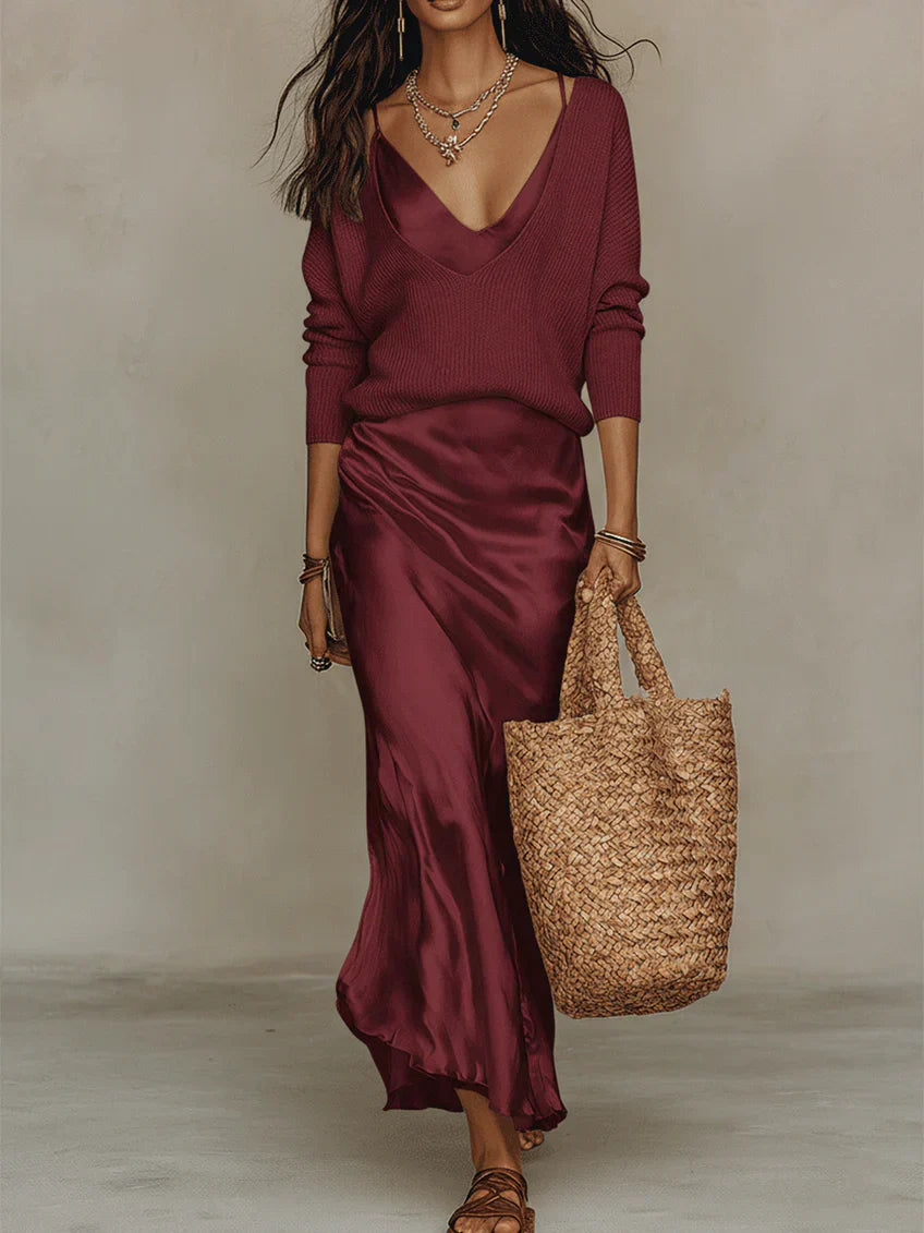 Solène | Rochie tip slip și set tricotat
