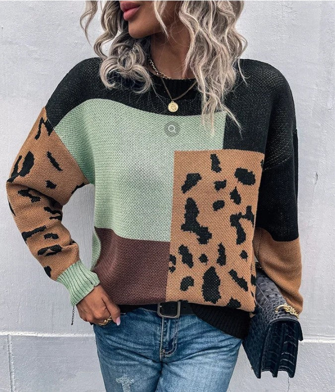 Le Clair | Pulover vintage patchwork cu imprimeu leopard