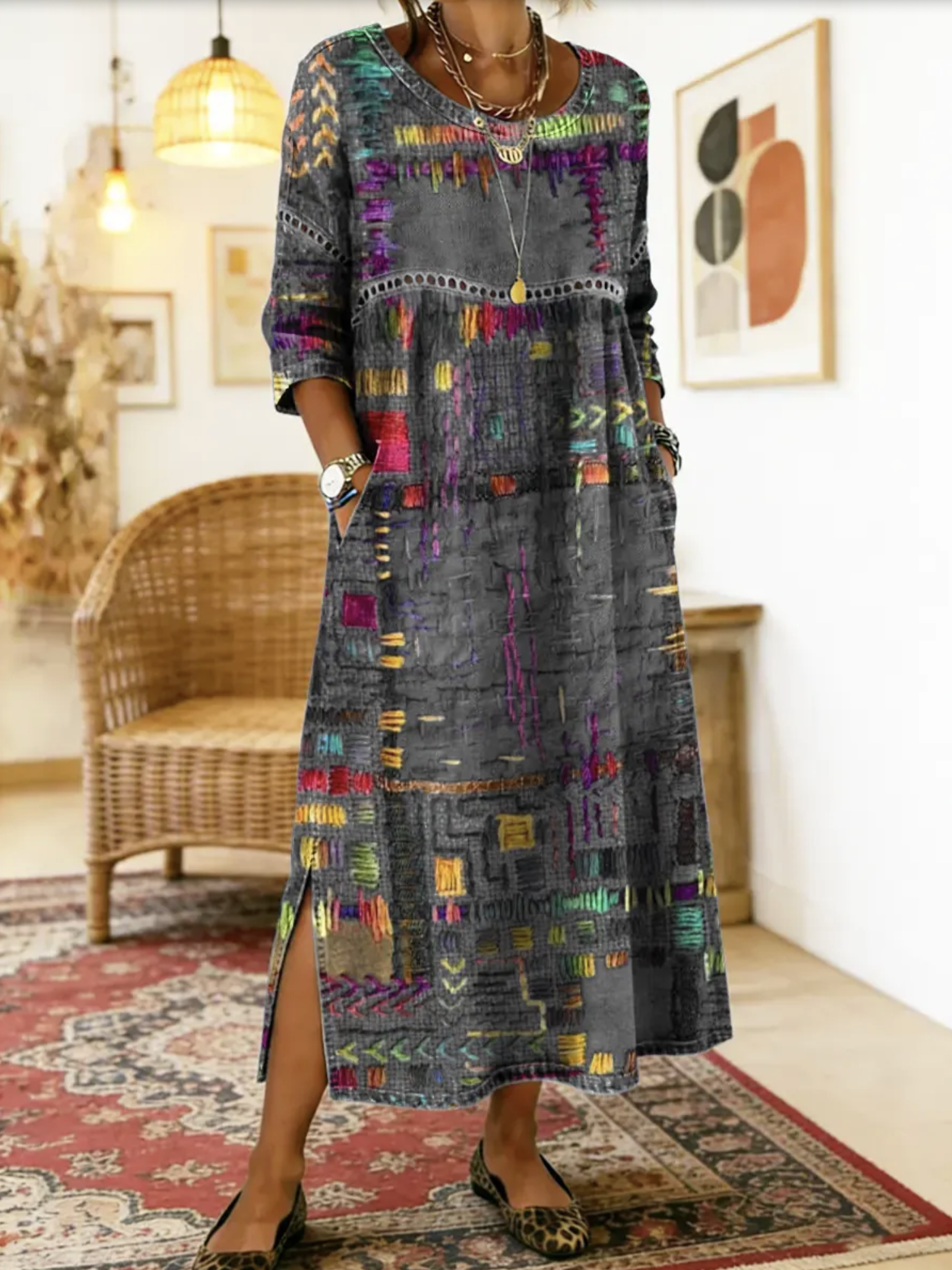 Sabine | Rochie din denim cu patchwork boem